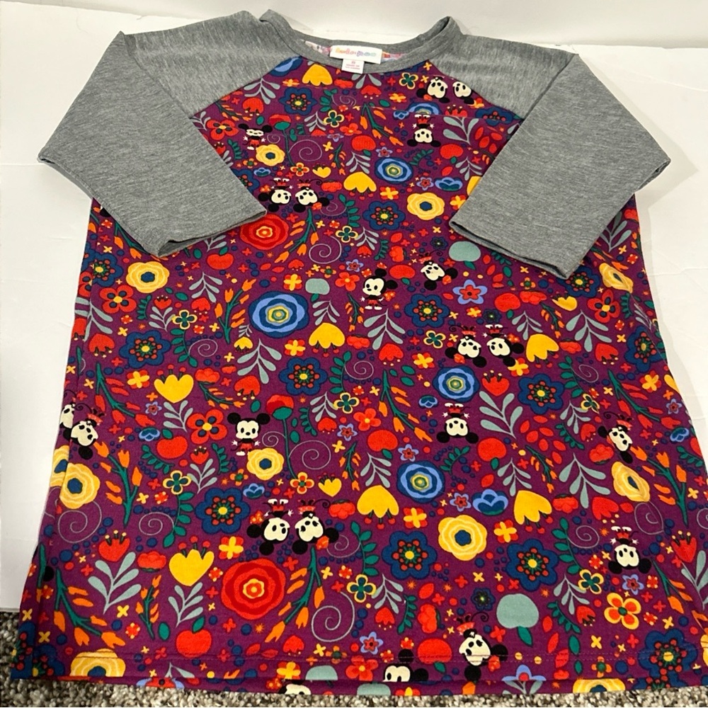 LuLaRoe Disney Sloan kids size 8! Mickey and Minnie Floral print Raglan Top! EUC